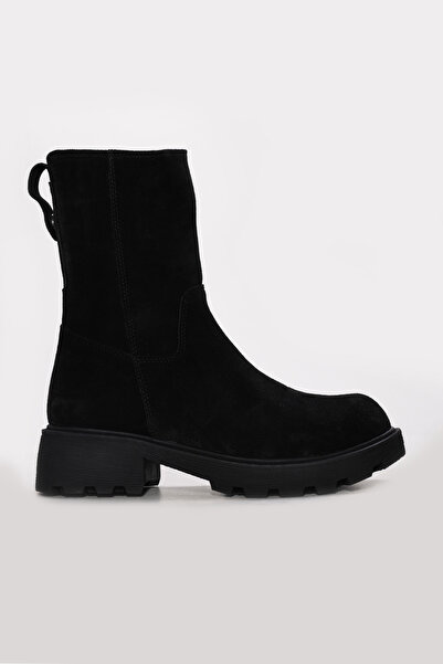 FAST STEP Genuine Leather and Fur Black Suede Women's Classic Boots 124Kza3111