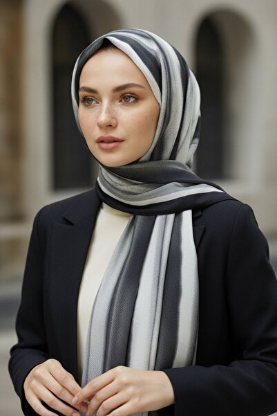 Vissona KREP SULU BOYA ÇİZGİLİ DESENLİ SİYAH RENKLİ 75X195 KIRIŞMAZ ŞAL
