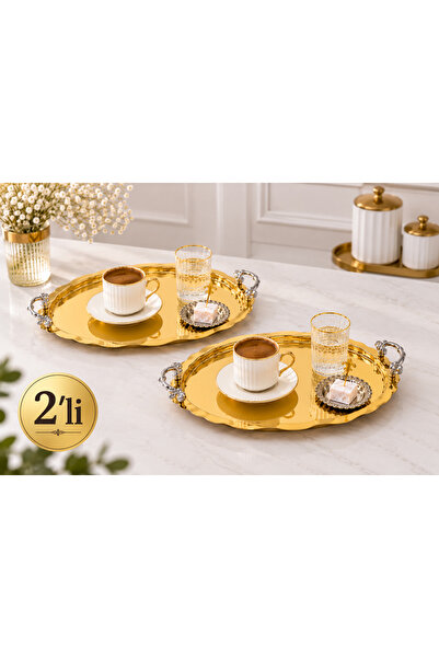 SUNVERA ÇELİK 2'li Gold Paslanmaz Çelik Oval Sunum Tepsisi 20x26 cm Gümüş Lük...