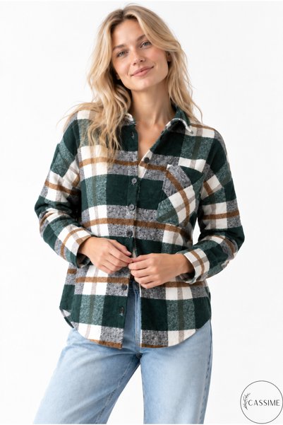 Cassime Women's Dark Green Ecru Cashmere Thick Plaid Lumberjack Shirt - Thin Jacket