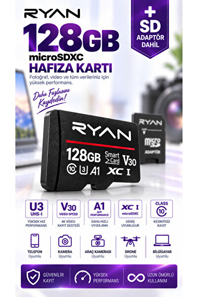 Ryan 128GB Micro SD Hafıza Kartı U3 V30 A1 SDXC 4K Video Destekli Yüksek Hızl...