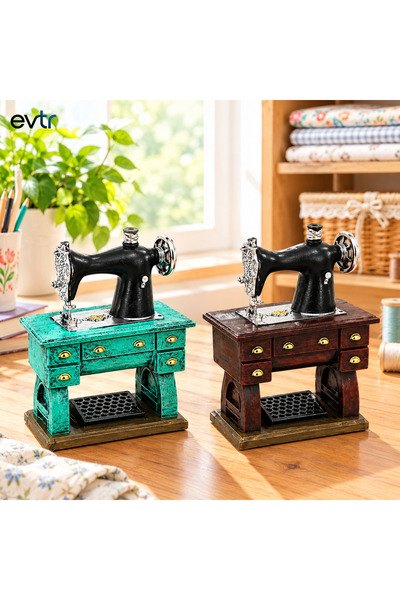 Vintage Dikiş Makinesi Dekoratif Biblo & Kumbara – Nostaljik Terzi Makinesi Figürlü Reçine Masaüstü Dekoru, Retro Ev ve Ofis Süsü, Hediyelik Koleksiyonluk Obje, 20x15x8.5 cm