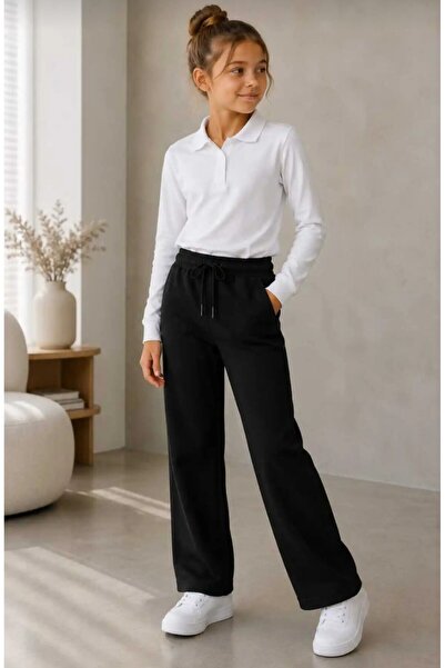 BEBEĞİME ÇORAP Kız Çocuk Geniş Paça Okul Pantolonu Beli Lastikli Siyah Spor E...