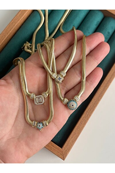 BusradanDesign 14K Kaplama Gold Renk Nazar Boncuklu Yılan Zincir Kolye - Taşl...
