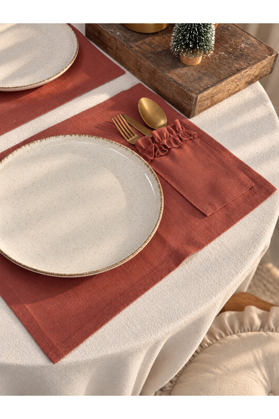 KaiAtelier 4-Piece Pink Pocketed Linen Ruffle Detailed American Tablecloth/Pl...