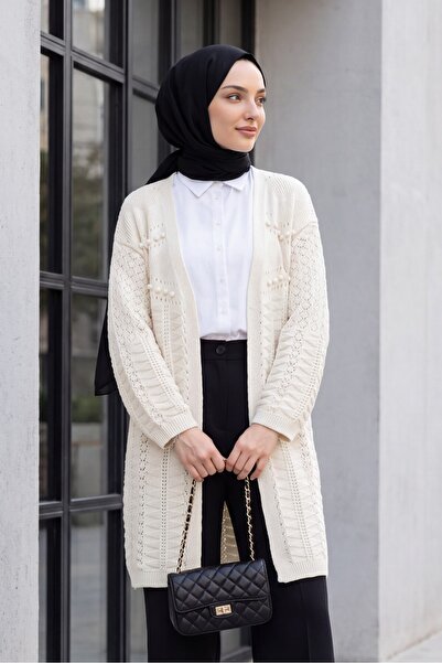 Modamorfo Pompom Mixed Pattern Araboy Knitwear Cardigan -Cream