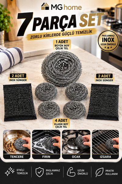 VENON 7 Piece Inox Series ❤️   Stainless Steel Dish Sponge and Wire Set Dishw...