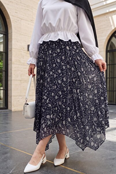 Modamorfo Mixed Pattern Elastic Waist Asymmetrical Cut Lined Tulle Skirt -Laci
