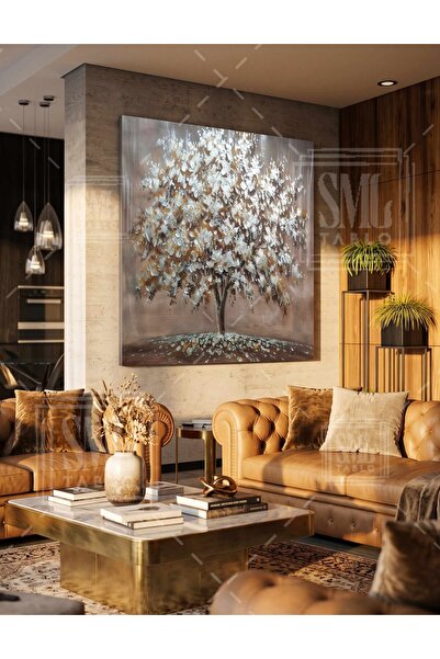 SML TABLO Oil Paintings Effect White Flowering Tree Landscape Nature Square C...