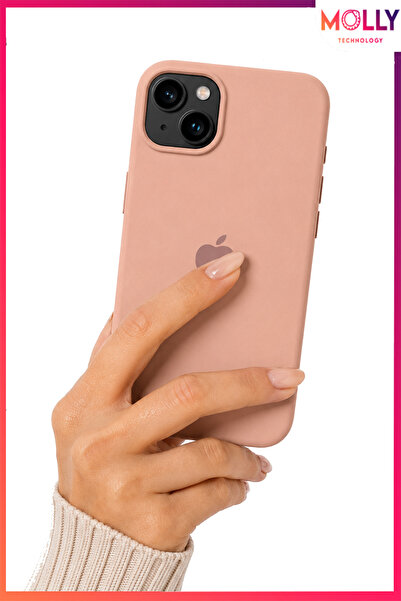 Molly iPhone 15 İçin Elma Figürlü Kum Pembesi Liquid İçi Kadife Mat Silikon K...