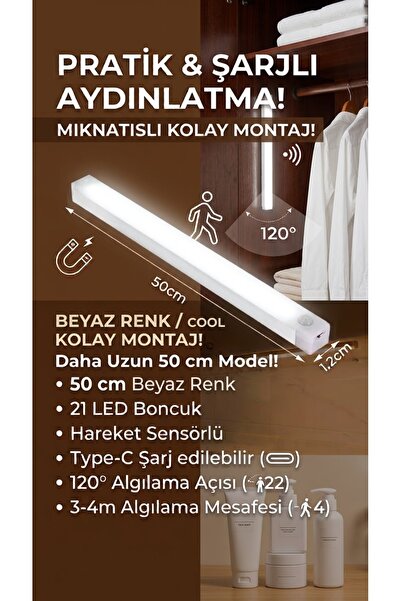 erşahaydınlatma Beyaz Renk 50 Cm Pır Hareket Sensörlü Led Aydınlatma