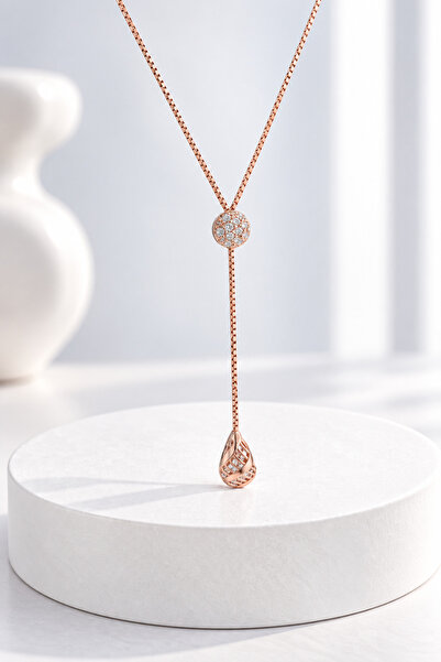 jelux silver Gümüş 925 Ayar Top Zirkon Taşlı Damla Model Rose Y Kolye