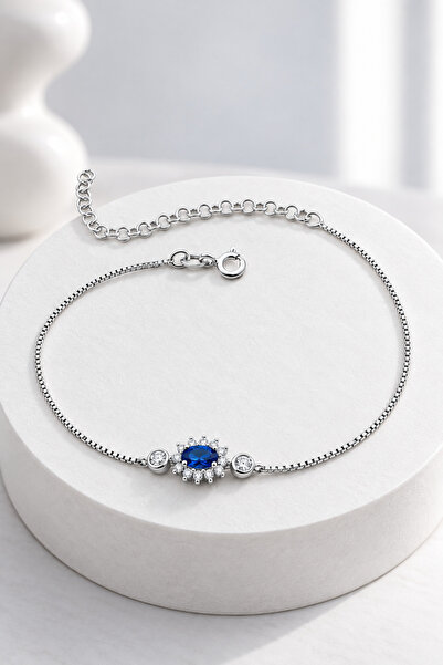jelux silver Gümüş 925 Ayar Oval Zirkon Safir Taşlı Ayarlanabilir Anturaj Bil...