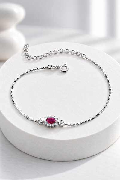 jelux silver Gümüş 925 Ayar Oval Zirkon Yakut Taşlı Ayarlanabilir Anturaj Bil...