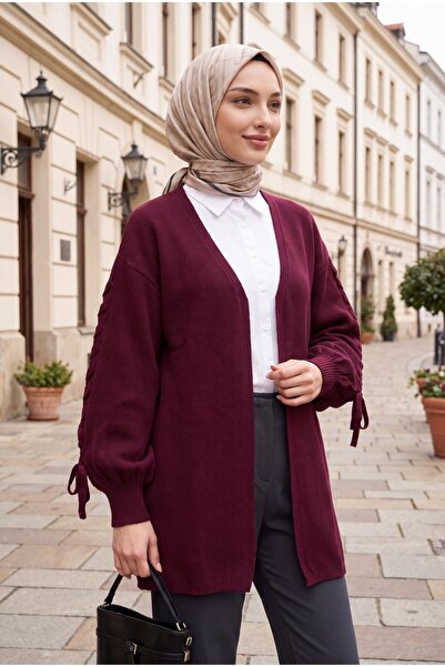 Modamorfo Kolu Hair Braided Casual Knitwear Cardigan - Burgundy