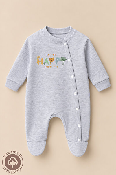 Miniel Unisex Happy Baskılı 0-6 Ay Penye Organik Pamuklu Patikli Bebek Tulum