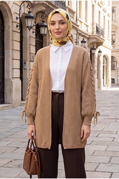 Modamorfo Knitted Cardigan with Braided Sleeves - Mink