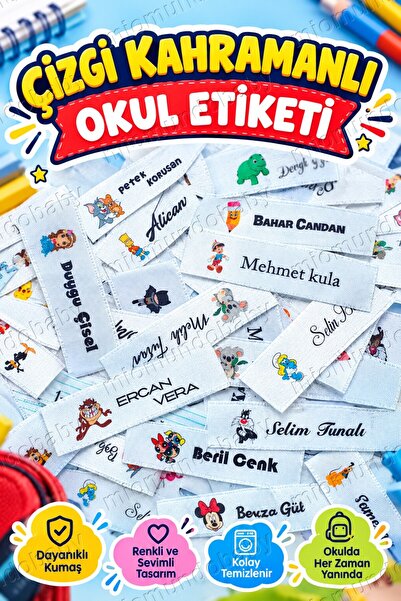Genel Markalar İsimli Okul Etiketi - Çizgi Kahramanlı, Dikişli Kıyafet Etiket...
