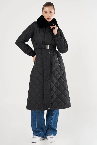 Kayra Black Quilted Coat - Belt Detailed