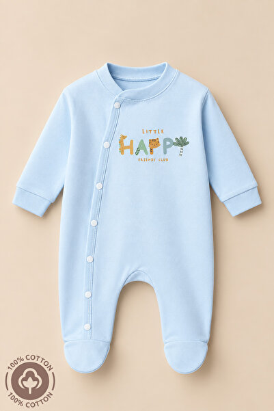 Miniel Unisex Happy Baskılı 0-6 Ay Penye Organik Pamuklu Patikli Bebek Tulum
