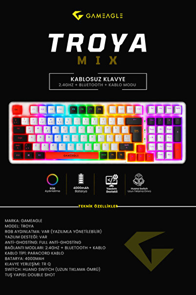 gameagle Troya Mix RGB 3 Modlu Kablosuz Mekanik Oyuncu Klavyesi Red Switch Fu...