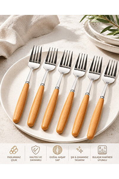 elfnur 6 Pieces Bamboo Handle Steel Dessert and Fruit Fork