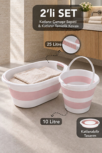 Meleni Home 2'li Katlanabilir Banyo Seti - 25Lt Silikon Kulplu Çamaşır Sepeti...