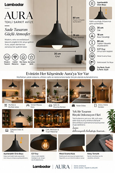 Lambadar Aura Metal Tekli Siyah Sarkıt Avize 35 cm E27 Modern Retro Rustik Endüstriyel Mutfak Avizesi Salon Yemek Masası Üstü Cafe Dekoratif Aydınlatma