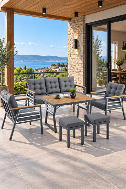 Evdemo Lara Metal Puflu Bahçe Balkon Takımı 3+1+1+Ahşap Masa Antrasit
