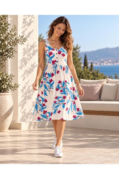 Nouche Red Blue Flower Patterned Women's Dress