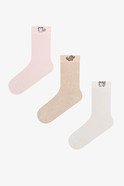 Penti Pink and White Tiny Puppies Cat Patterned Cotton 3 Pairs of Socks