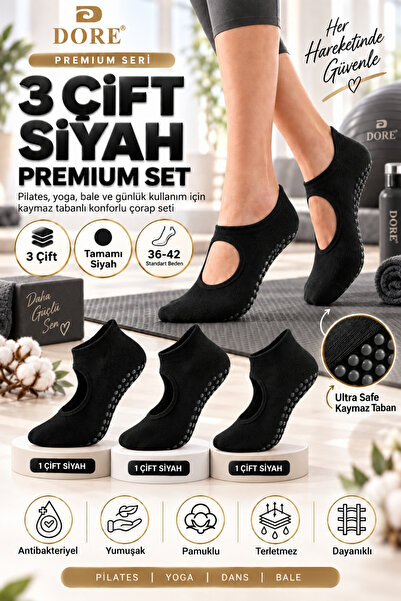Dore Orijinal Kadın 3 Çift Kaymaz Taban Pilates Yoga Spor Bale Dans Yoga Pila...