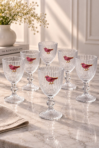 YzHome 6 Lı Kristal Cam Kahve Yanı Su Bardağı Pembe Kuş Lovely Birds Bardak 75ml