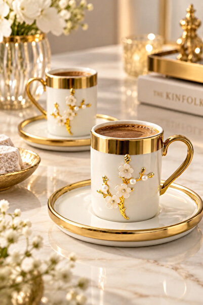 YzHome 2 Kişilik Lüks Beyaz Gold Yaldızlı İnci Lotus Dallı Kahve Fincan Takım...