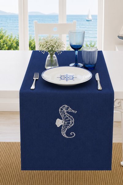 VISIONARIO Marin Tablecloth Embroidered Sea Horse Table Runner 145X40 Water-R...