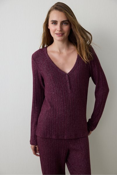 Penti Set de pijamale cu efect termic cu mâneci lungi, cu decolteu în V, Burgundy Cozy Time