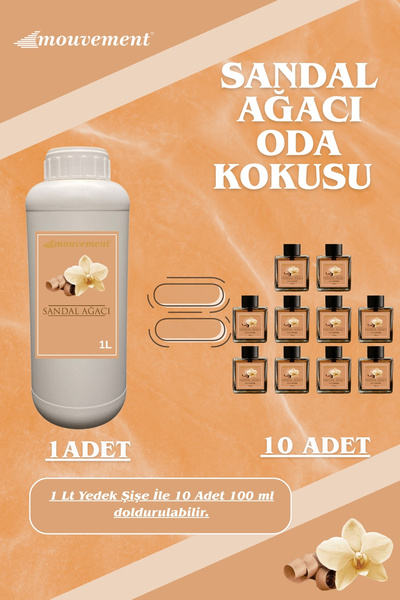 MOUVEMENT Sandal Ağacı Reed Diffuser Refill 1000 ml - Oda Kokusu Yedek Şişesi + 20 Adet Çubuk