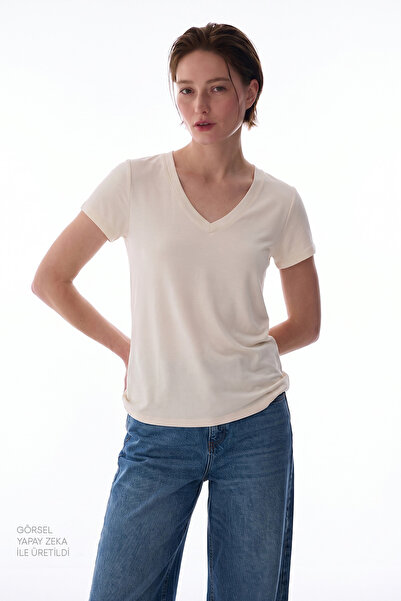 Penti Ecru Modal T-Shirt mit V-Ausschnitt