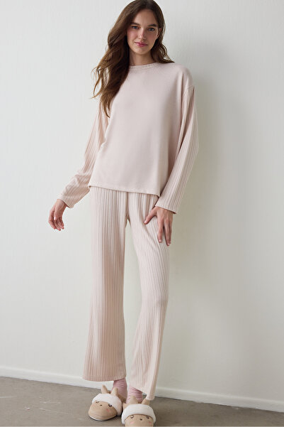 Penti Set de pijamale cu efect termic, cu mâneci lungi, bej melanj Coziness