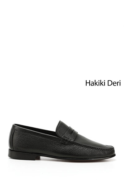 GÖNDERİ(R) Erkek Siyah Kösele Taban Hakiki Deri Loafer Ayakkabı