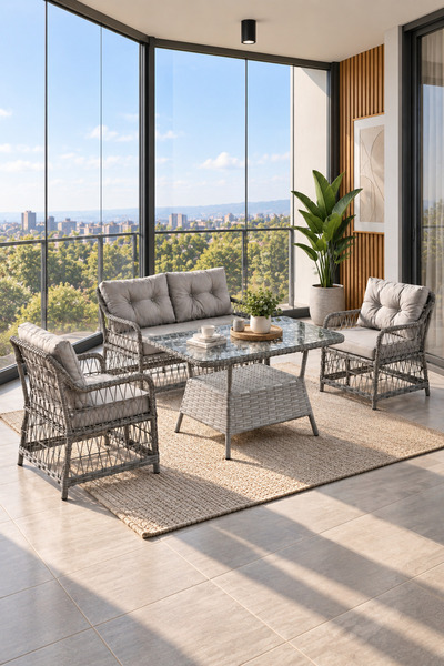Evdemo Breda Rattan Örgü Bahçe Balkon Takımı 2+1+1 Cam Masalı Gri
