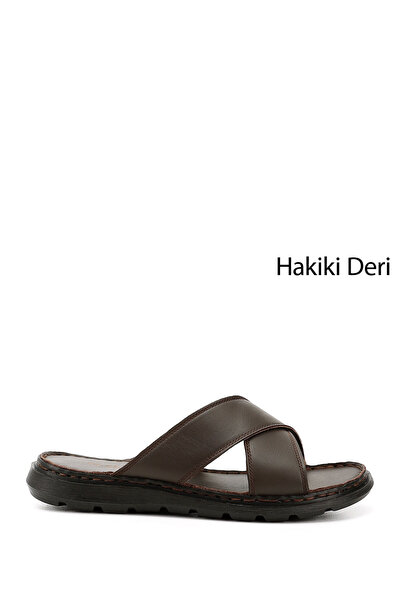 GÖNDERİ(R) Men's Brown Cross-Strapped Genuine Leather Slippers