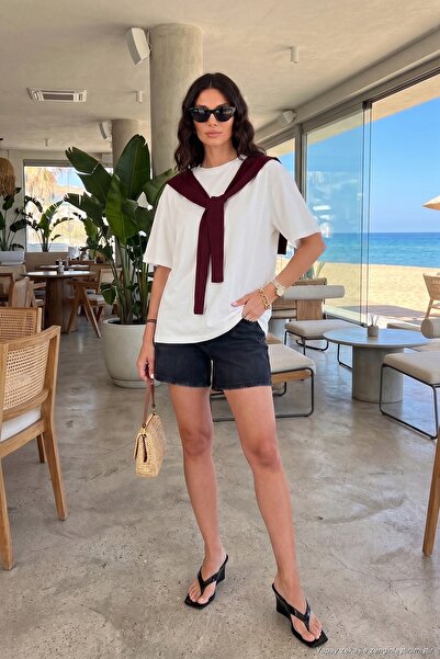 Lela Comfortable Fit Crew Neck Shoulder Shawl Detailed t Shirt Women's t Shir...