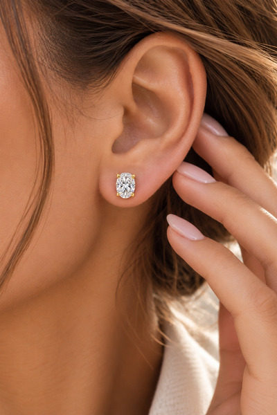 Spossy Silver Jewelry 925 Ayar Gümüş Gold Kaplamalı Zirkon Tek Taşlı Minimal Oval Küpe