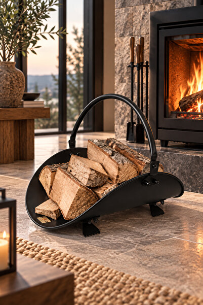 SOMINECO Metal Saplı Şömine Siyah Oval Odunluk Sepeti – 48 × 34 × 35 cm Firew...