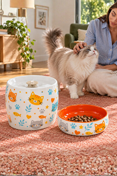 Pawicci Kedi Köpek Su Pınarı ve Mama Su Kabı 2'li Set Porselen Otomatik Filtr...