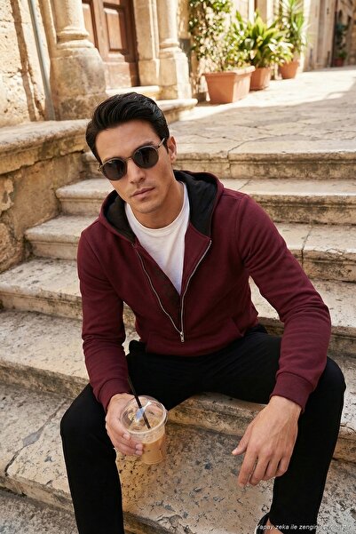 Buratti Cotton Slim Fit Kangaroo Pocket Zipper Detailed Hooded Collar Sweat M...