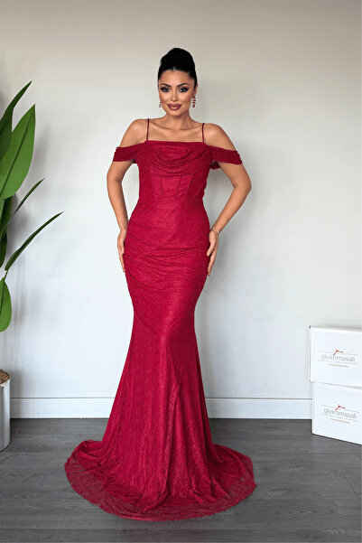 giyimmasalı Lace Fabric Stone Detailed Evening Dress - Red