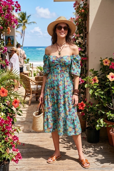 Lela Rochie midi cu model, croială oversize, guler Carmen, cu detaliu elastic...