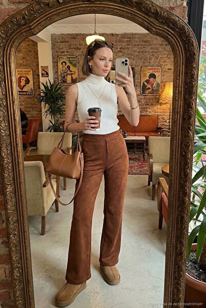 Lela Pantaloni largi cu talie înaltă din piele intoarsa pentru femei PANTALON...